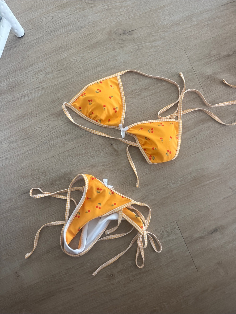 Yellow Cherry Print Triangle Bikini Set